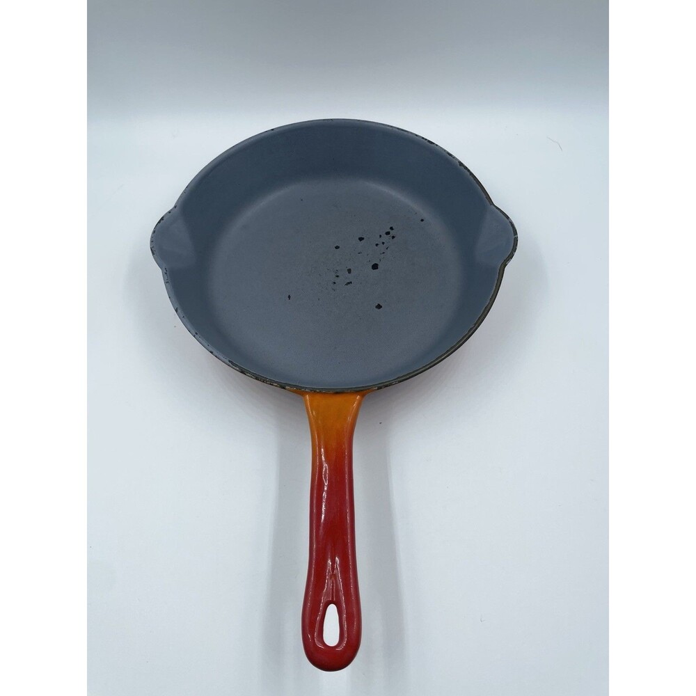 Vintage Descoware Flame Orange 9” Cast Iron Enamel Fry Pan Belgium